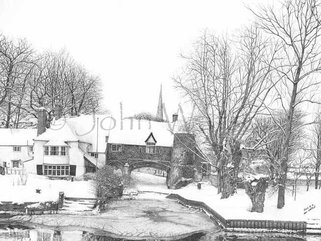 Pulls Ferry, Norwich  Snow, (pencil drawing)  Image.